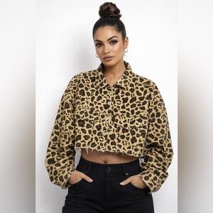 Leopard Print Cropped Jean Jacket Kosmios Cotton